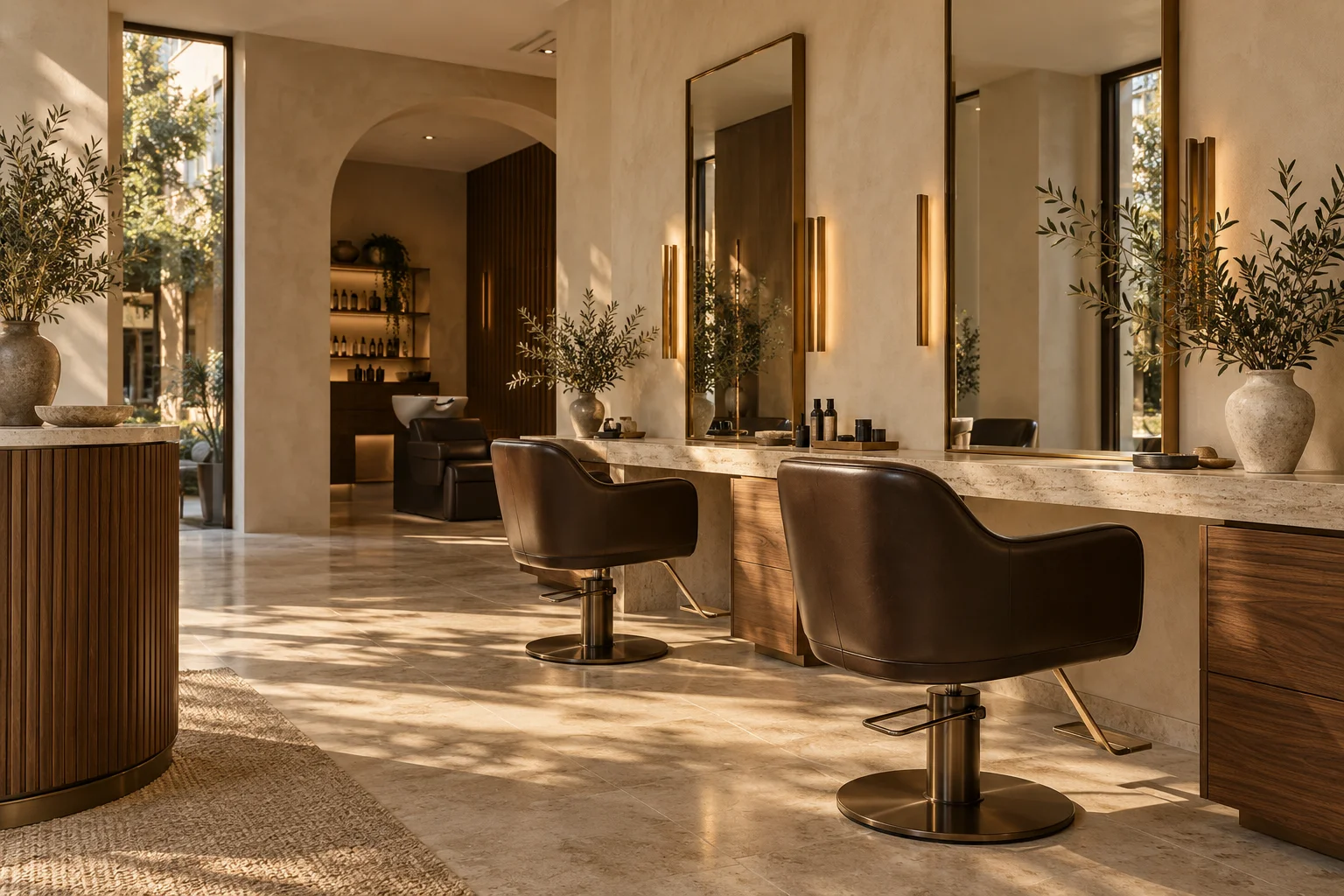 A warm, softly lit salon interior with walnut styling stations and sunlight on the floor